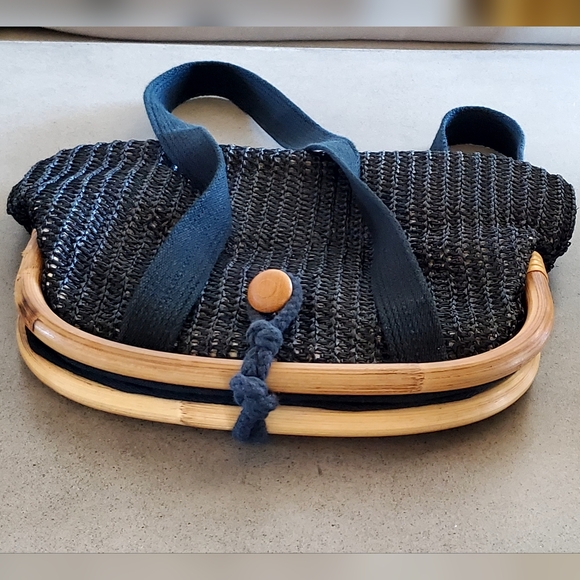 Vintage 1950's Black Woven Rafia Overlay Bamboo Frame Shoulder Bag, EUC - Picture 3 of 15